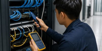 Teknisi melakukan Tracing Kabel UTP di data center