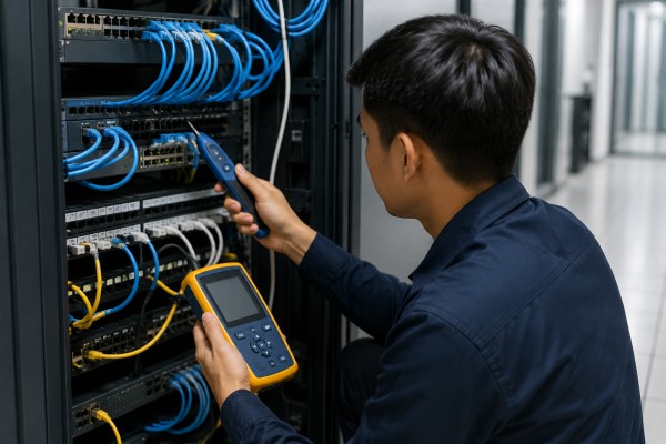 Teknisi melakukan Tracing Kabel UTP di data center